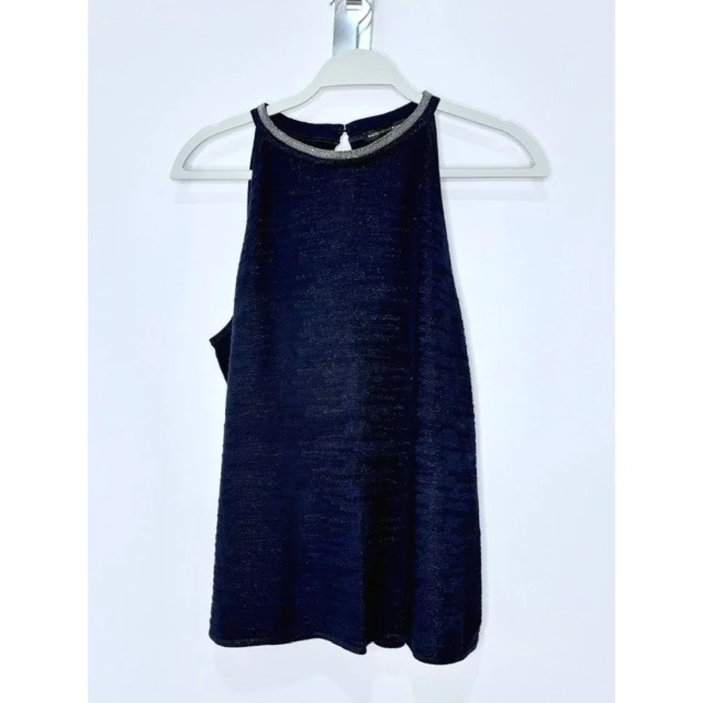 White House Black Market Navy Blue Metallic Shimmer Beaded Neck Halter Top XL - Picture 1 of 3